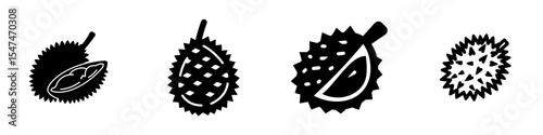 Modern illustration of a durian icon, tropical fruit, and vegetarian food, depicted as a line sign on a white background