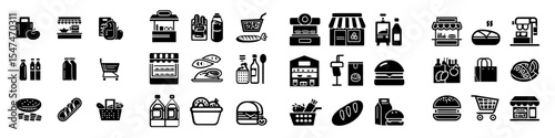Modern illustration of thin black outline symbols for market economy, including kitchen equipment for cooking, and a line icon set for restaurant food, grocery store, bakery products, trends, and