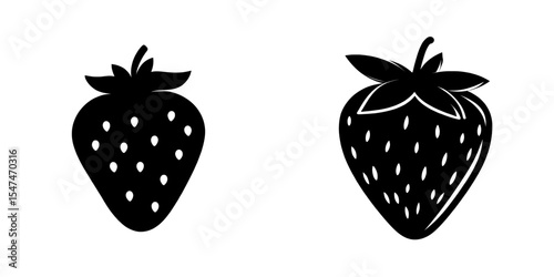 The strawberry silhouette icon, modern in style, is shown isolated on a white background with an accompanying black outline symbol