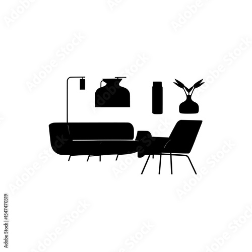 Trendy apartment decor featuring sofas, couches, chairs, armchairs, vases, and lamps in modern illustrations isolated on white backgrounds
