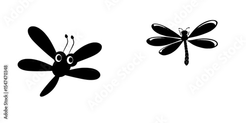 A cartoon dragonfly is set against a white background, accompanied by a cute dragonfly icon in silhouette form