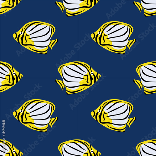Tropical striped fish. Seamless pattern with fish on blue background. For textiles, wallpapers and packaging, postcards or covers.