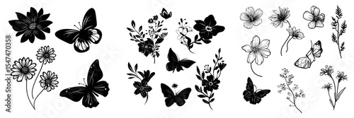 Floral graphic design elements, including drawings of flowers and butterflies, are set on a white background in a hand-drawn illustration