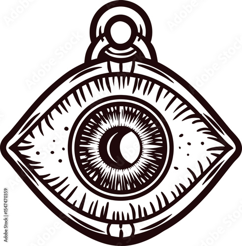 hand drawn stylized eye charm amulet with detailed iris and bold black outline in vintage engraving design