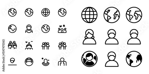 Modern illustration on a white background showcases a linear icon set that highlights the concept of global society and world population