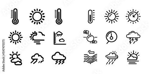 A set of weather icons includes symbols for weather, forecast, temperature, thermometer, sun, heat, weather map, meteorology, climate, and atmospheric conditions in a simple line modern style