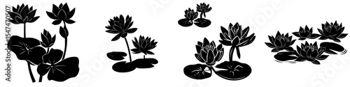 A hand-drawn linocut design featuring a set of black lotus flowers and leaves isolated on a white background