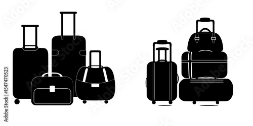 Trolley suitcases, travel bags, and spinner wheeled rolling cases with handles and locks make up the luggage, carry-on, and hand baggage set, packed for a trip, as illustrated in a flat modern style
