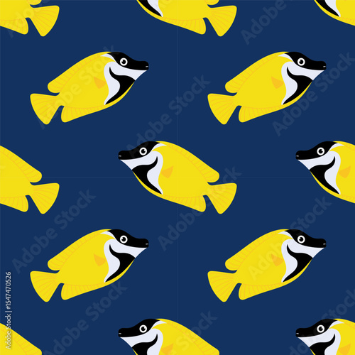 Seamless pattern with yellow tropical fish on blue background. For textiles, wallpapers and packaging, postcards or covers.
