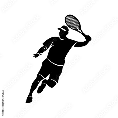 Isolated on a white background is a silhouette illustration of a tennis player