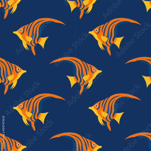 Brightly tropical fish. Seamless pattern with fish on blue background. For textiles, wallpapers and packaging, postcards or covers.