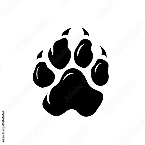 On a white background, a modern illustration design presents the silhouette of a black panther paw print icon