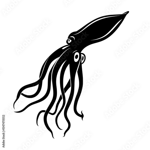 Isolated on a white background is a modern silhouette of an octopus or squid in simple black and white