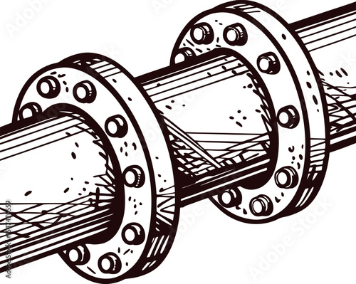 Vintage engraved illustration of industrial metal pipe with flanged joints and bolts in black and white