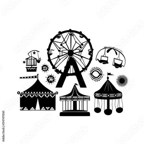 This vertical illustration features a classic amusement park setting, replete with a ciscus, Ferris wheel, carousel, and an array of decorative details, all presented in a modern style