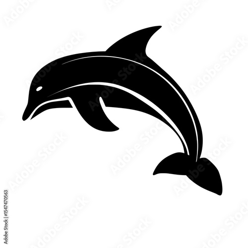 In a modern take, a black silhouette of a dolphin is seen jumping on a white background, complemented by the presence of sea fish in the simple design