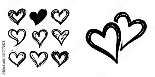 Isolated on a white background is a cute doodle love sign consisting of hand drawn grunge hearts, created using markers and chalk to form scribble heart shapes