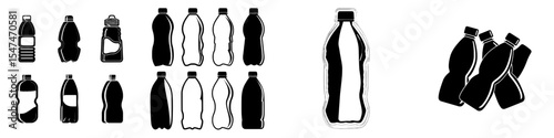 A modern plastic bottle icon is depicted in a thin line and flat style with an editable stroke on a white background, accompanied by a set of dented plastic bottle icons, all presented in a