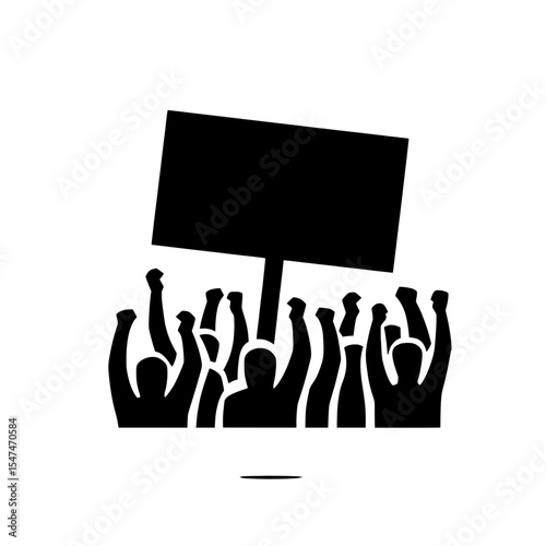 A crowd of protesters is shown holding a placard, set against a plain white background