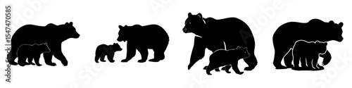 A mother bear and her cub are depicted in silhouettes against a plain white background in this contemporary illustration