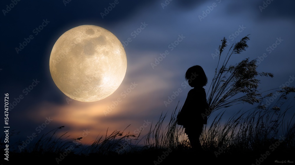 Obraz premium A young girl stands in a field of tall grass, looking up at the full moon