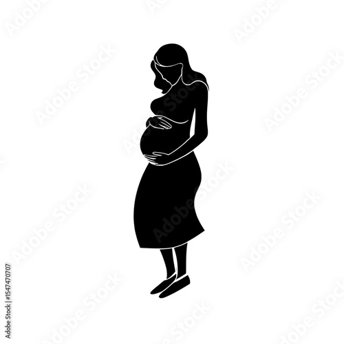 A pregnant woman is depicted in linear style, isolated on a white background, in this modern illustration
