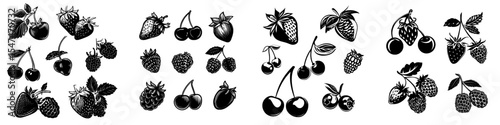 A collection of modern illustrations, hand drawn in ink, features berries including strawberry, cherry, raspberry, and blueberry, isolated on white backgrounds in various compositions and objects,
