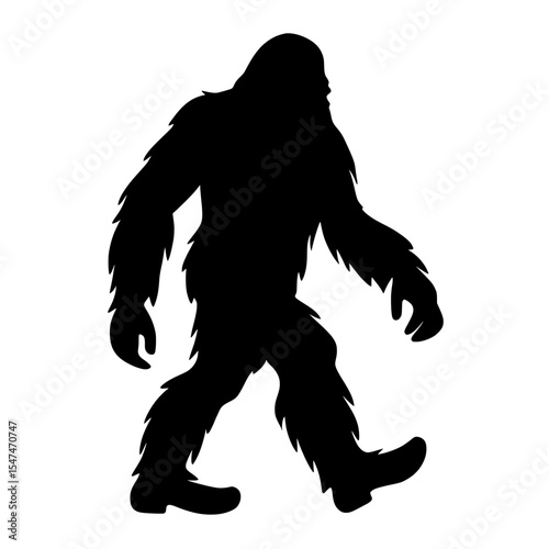Modern art featuring a walking Bigfoot silhouette, with a set of yeti silhouettes isolated on a white background