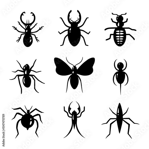 The set features modern illustrations of poisonous insects in silhouette form, isolated on a white background