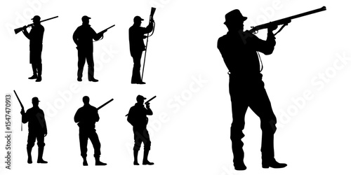 In a modern illustration, a black silhouette of a man with a shotgun is shown, along with silhouettes of hunters and outdoorsmen in various poses, including a hunter holding a rifle, all isolated on