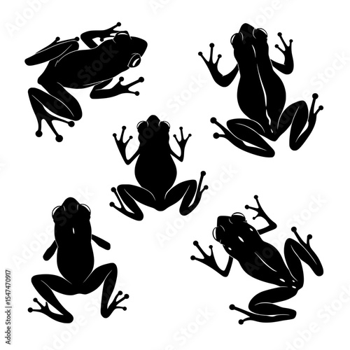 Isolated on white, a group of frogs appears in black silhouette