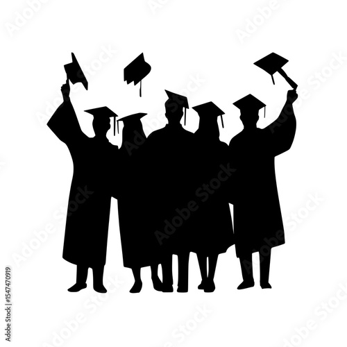 Modern university students or graduates are shown celebrating in silhouettes of graduation caps, set against a white background in contemporary art