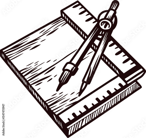 Hand drawn ruler and compass on wooden board vintage engraving of drafting and design tools in sketch
