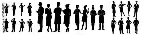 A comprehensive collection showcasing the outlines of various restaurant personnel, including a waiter, waitress, chef, and kitchen staff, set against a plain white backdrop