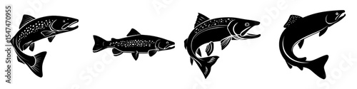 A modern illustration features a black silhouette of a trout, set against a white background, ideal for graphic design with its simple black and white fish silhouettes