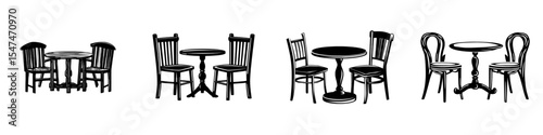 A continuous line art drawing features garden chairs and a table, showcasing classic dining room furniture in a black linear sketch isolated on a white background, presented as a modern illustration