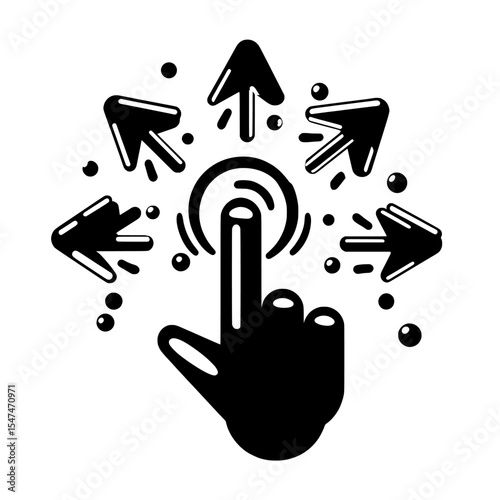 This modern illustration features a comprehensive set of cursor arrow icons, including hand pointers, clicking effects, and loading symbols, tailored for web design, user interface, and digital
