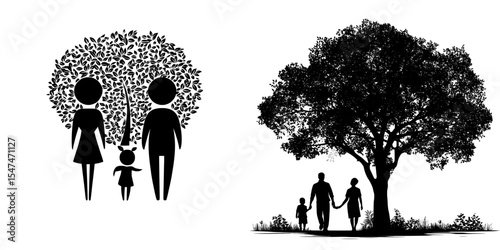 The silhouette of a family tree represents three generations and the symbolism of heritage