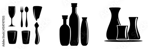A modern logo illustration featuring a set of simple black glassware in silhouette design, isolated on a white background