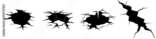A large hole with surface cracks and fissures in the ground, concrete, and crevices is visible from the silhouette breaks on the land surface after an earthquake, isolated on a white background, with