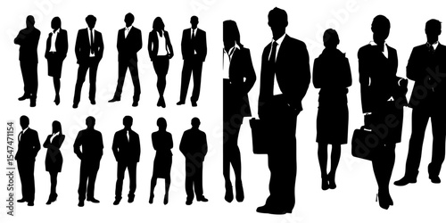 Black and white silhouettes of a group of business people, comprising men and a woman, are shown standing isolated on a white background