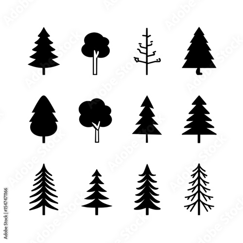 An image of modern trees set against a white background, isolated and designed in a simple, flat manner, suitable for use as elements in posters, banners, or cards, to represent a forest landscape