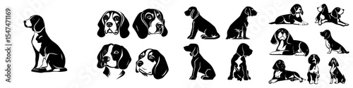Beagle dog illustrations in silhouette form are collected and isolated on a white background