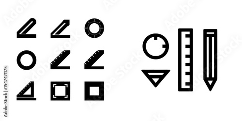 Modern illustration of isometric arrows with scales, square and room area symbols, all featuring a thin black outline, for a contemporary visual representation