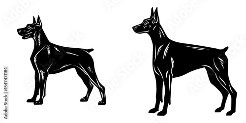 Illustrations of elegant Doberman guard dogs in silhouette form isolated on a white background