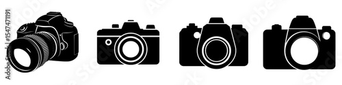 The modern camera is depicted as a black silhouette, set against a simple white background with a modern design, representing a DSLR or SLR in a contemporary icon style