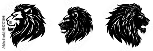 The modern illustration features a lion's head in profile view, distinguished by its strong black outline, thick mane, and sharp lines, presented on a white background with a bold and clean aesthetic