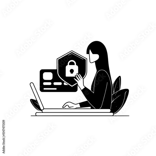 A woman at her computer desk holds a bank card, with a shield and lock icon nearby, symbolizing secure payment systems and online protection