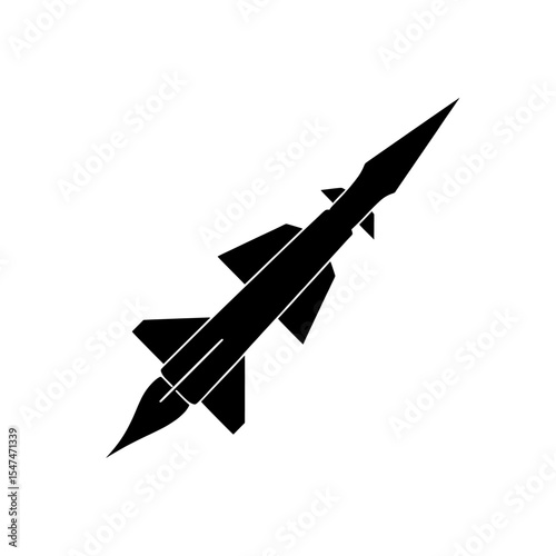 The design features a modern icon with a white background and a black silhouette of a missile in a simple style