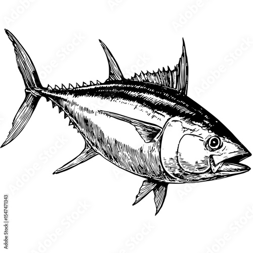 A simple modern design consists of a black tuna fish silhouette on a white background
